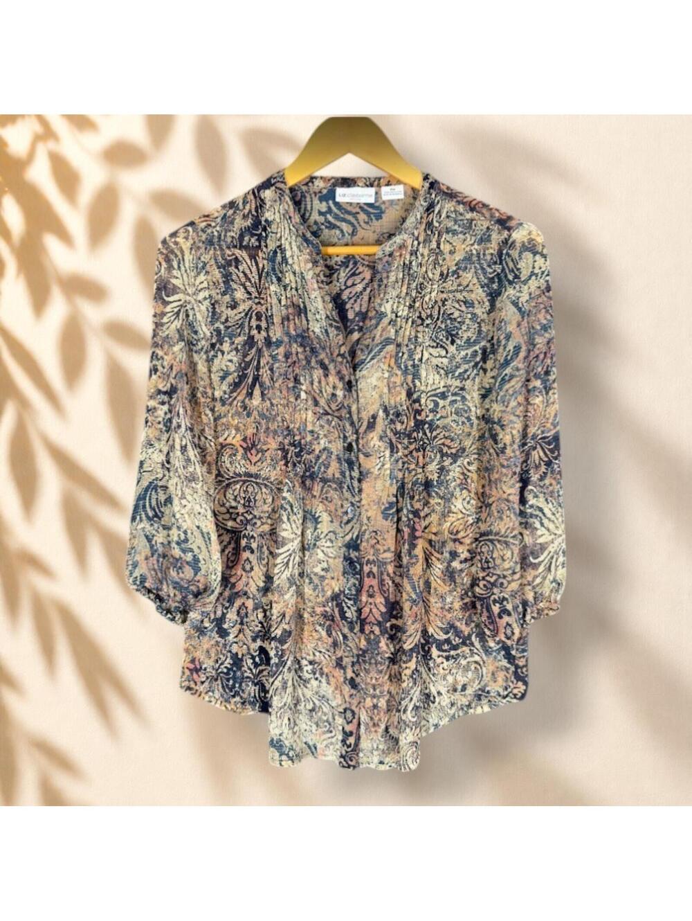 Liz Claiborne Button Up Shirt Women PM Petite Brown Geometric V-Neck 3/4 Sleeve